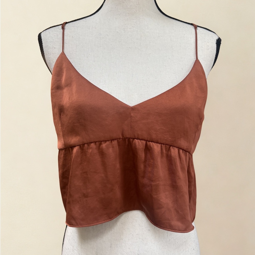 Wilfred Aritzia Rust Orange Satin Flounce Cami Top with Adjustable Straps